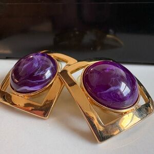 Avon 1991 Faux Amethyst Cabochons Gold Framed Bold Geometric Stud Earrings 174